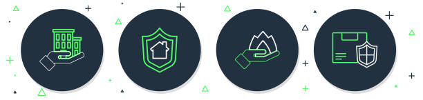 istock Set line House with shield, Hand holding a fire, insurance and Delivery security icon. Vector 2160911170