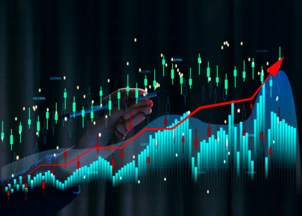 istock Virtual neon graph and female hand, profit analysis and sales growth dynamics 2160919106