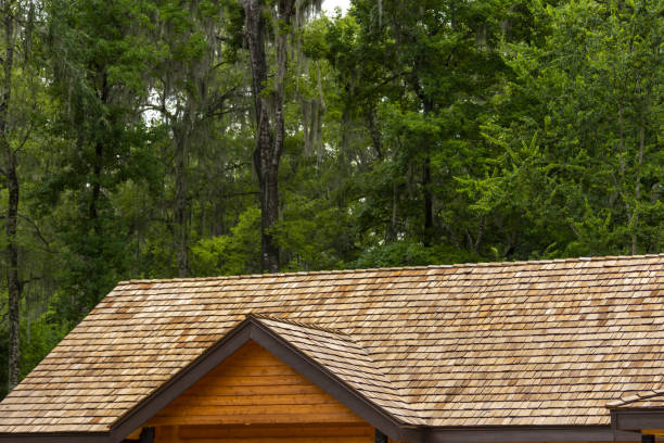 istock New cedar roof with gable end and towering forest in the background 2160919984