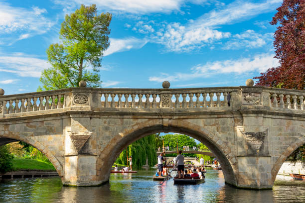 Cambridge, United Kingdom - June 1, 2019: Wooden punts on a summer day