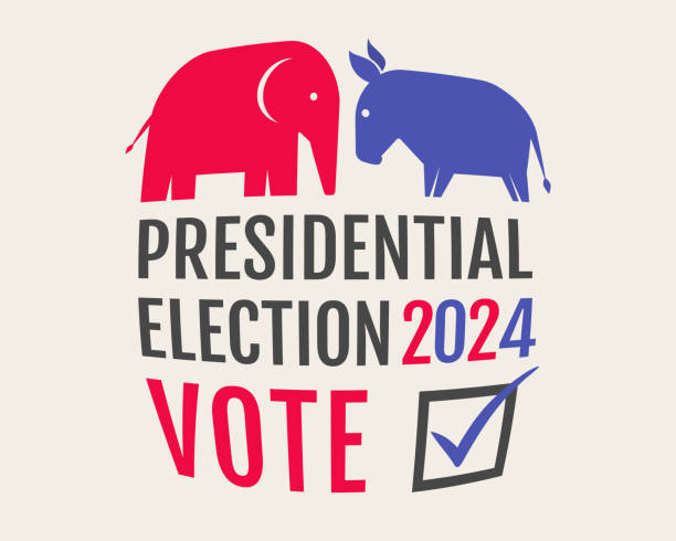 Vector vintage banner for 2024 presidential election in USA. Vector illustration of donkey and elephant. Vote 2024 American election. Vector vintage banner for 2024 presidential election in USA. Vector illustration of donkey and elephant. Vote 2024 American election. republican elephant logo stock illustrations