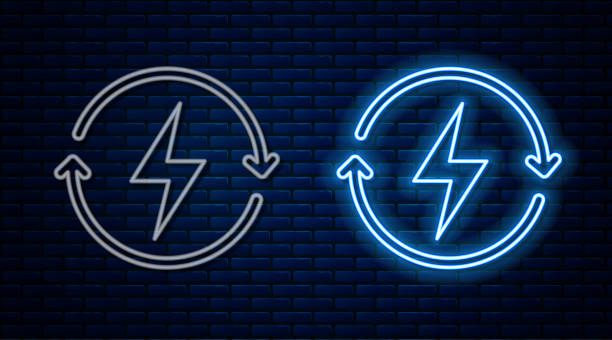 istock Glowing neon line Recharging icon isolated on brick wall background. Electric energy sign. Vector 2160928305