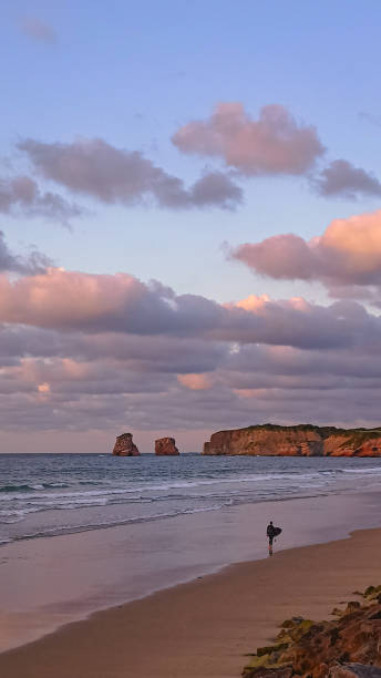 Anonymous surfer on Hendaye beach at sunset walking along the shore