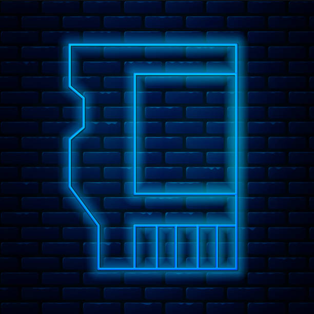 istock Glowing neon line SD card icon isolated on brick wall background. Memory card. Adapter icon. Vector 2160938879