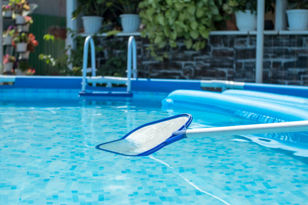 istock Net-skimmer in a clear water pool with an inflatable mattress 2160939017