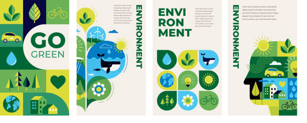 Environmental vertical concept design. Happy Earth Day, geometric modern trendy illustrations of ecology, environmental conservation, planet Earth, green and zero waste design. Backgrounds, cards, flyers, story, banner, cover and poster Environmental vertical concept design. Happy Earth Day, geometric modern trendy illustrations of ecology, environmental conservation, planet Earth, green and zero waste design. Vector backgrounds, cards, flyers, story, banner, cover and posters message of nature stock illustrations