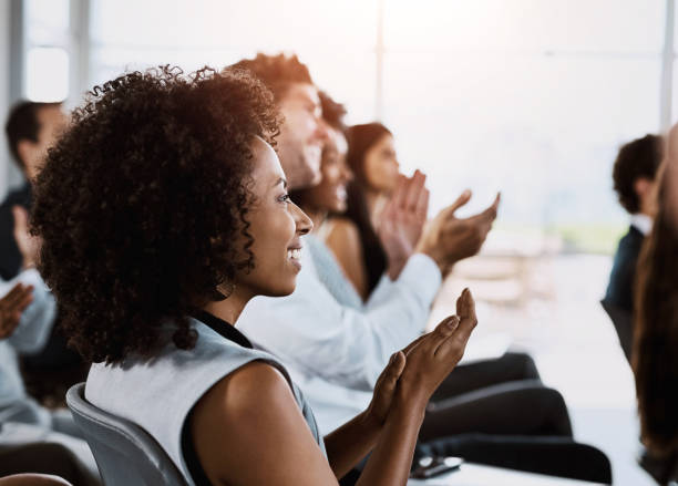 istock Group, people and applause at workshop in office for training, support for company conference or event. Wow, presentation and inclusion for team building with staff at seminar, celebrate for award 2160951528
