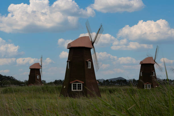 There is a windmill on the meadow under the blue sky.   .