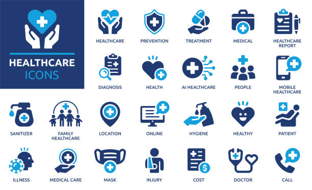 illustrations, cliparts, dessins animés et icônes de ensemble d’icônes pour le secteur de la santé. collection d’icônes vectorielles solides. - état solide
