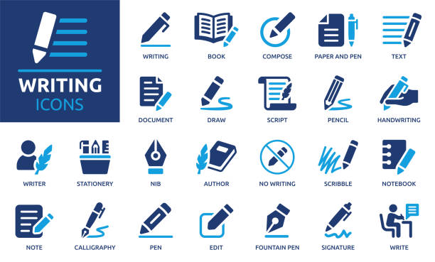 Writing icon set. Solid vector icons collection. Containing pen, write, pencil, note, edit, writer, document, nib, text and more. writing notes stock illustrations