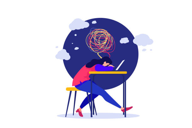 illustrations, cliparts, dessins animés et icônes de femme d’affaires fatiguée, épuisée et fatiguée par le dur labeur. décrit le stress lié au travail, l’épuisement professionnel et la dépression. convient pour le contenu sur la fatigue. - burnout