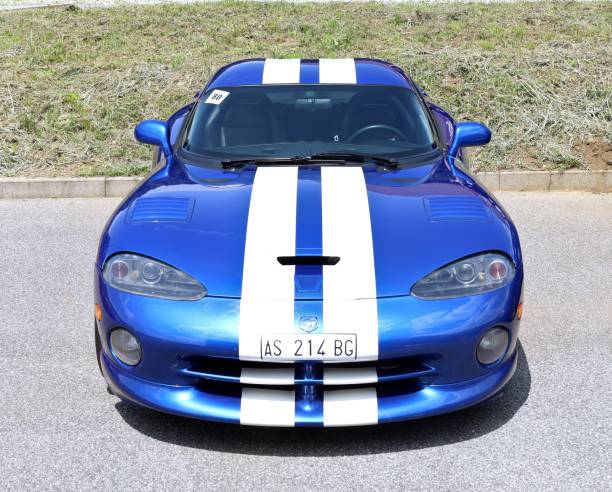 Azzida, Italy. July, 6 2024. Front view of blue Dodge Viper  SR2, during a classic car gathering. It is  an american sports  car from the Nineties,