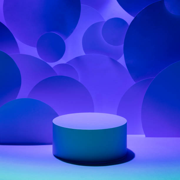 istock Abstract scene for presentation cosmetic products mockup - one round podium in gradient blue violet turquoise glowing light, circles flying, decor. Template for showing in futuristic vr style. 2160970782
