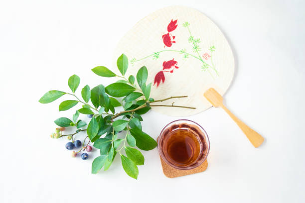 istock barley tea and Fan and blueberry twig with white background. 2160972330