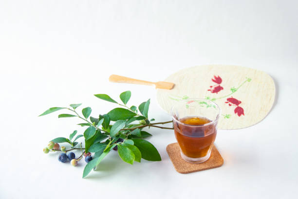 barley tea and Fan and blueberry twig with white background.