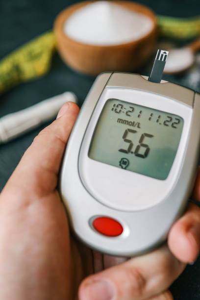 istock Instruments for measuring blood sugar top view on black background 2160972526