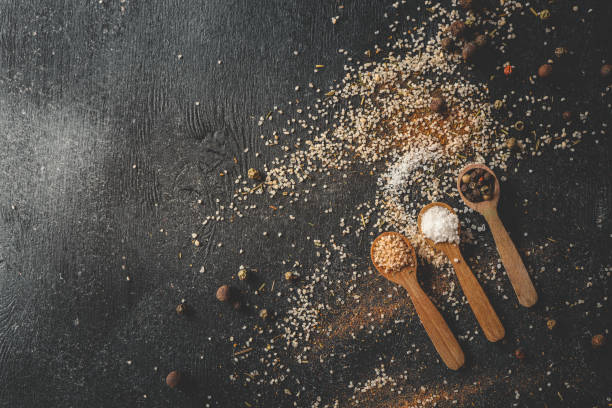 istock Wooden spoons with different spices on a black background, banner 2160973465