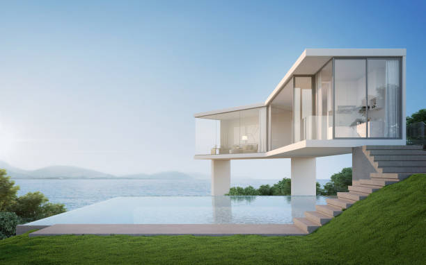 istock Modern house with sea view and swimming pool.3d rendering 2160976970