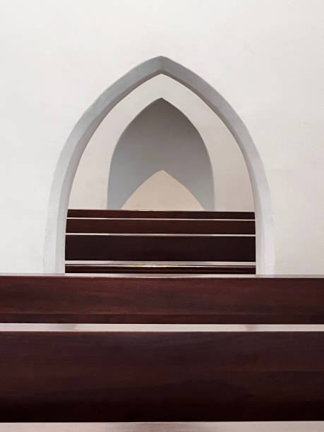 Church interior with pew benches