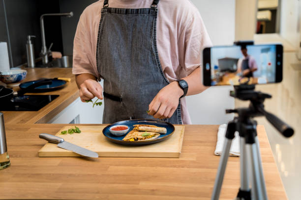istock The chef is broadcasting live from workshop how to prepare a vegetarian food 2160981075