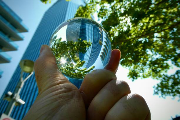 istock Hand holding crystal ball with skyscrapers and trees background 2160984750