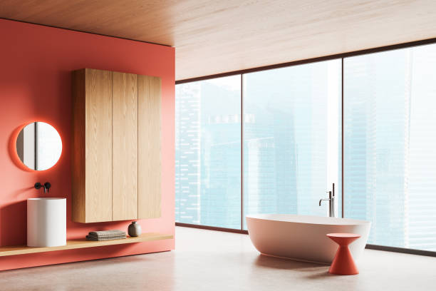 istock Colored hotel bathroom interior with sink and tub, panoramic window 2160988733