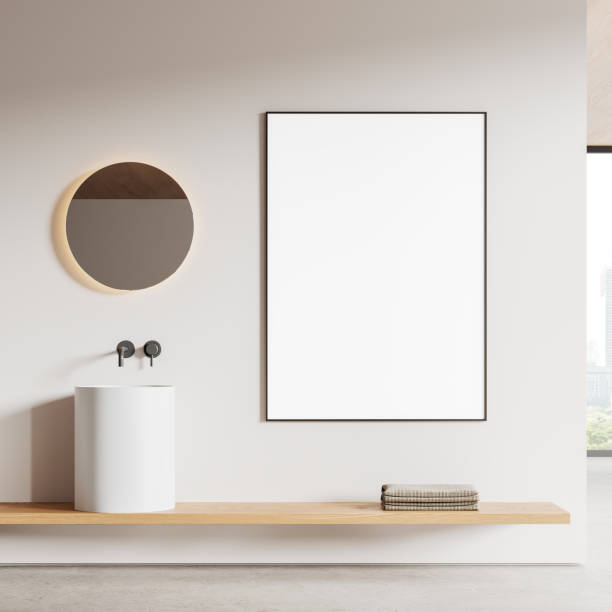 istock Cozy luxury bathroom interior with sink and panoramic window. Mock up frame 2160988843