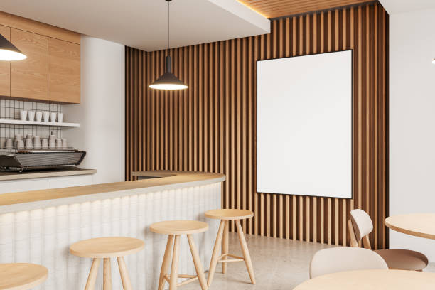 istock Cozy cafe interior with bar counter, chairs and dining tables. Mockup frame 2160989258