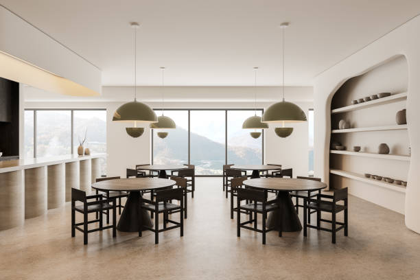 istock Beige cafe interior with bar island and dining space, panoramic window 2160989266