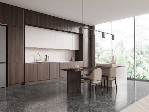 istock Wooden home kitchen interior cooking cabinet and bar island, panoramic window 2160989385