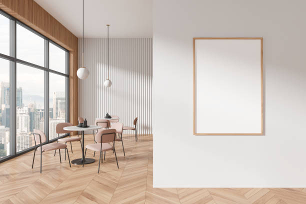 istock Stylish restaurant interior with chairs and tables, window. Mockup frame 2160989403