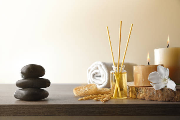 istock Body wellness and aromatherapy with decorative elements on wooden table 2161000460