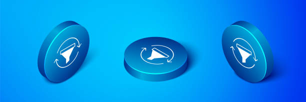 istock Isometric Sales funnel with chart for marketing and startup business icon isolated on blue background. Infographic template. Blue circle button. Vector 2161001604