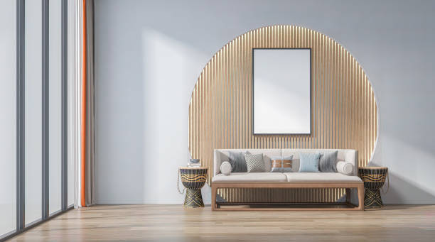 istock mock up poster frame in interior background, living room. 3D render, 3D illustration 2161004464