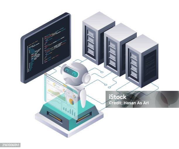 Robot Check Data Robots Analyzing Data In Cloud Servers Stock Illustration - Download ...