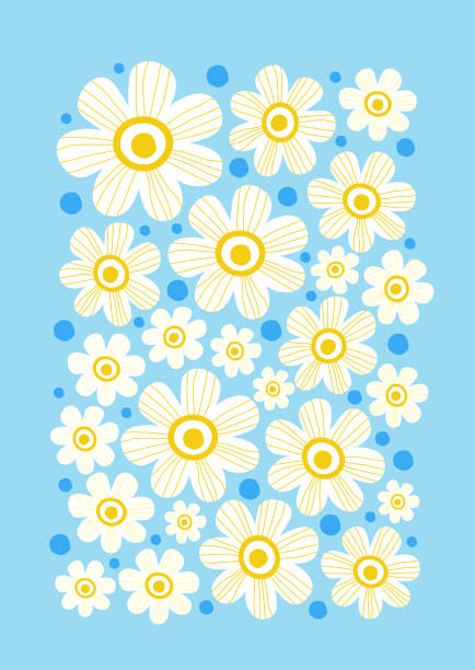 Abstract groovy vintage floral design. Daisy pattern in blue, white and yellow color. Vector illustration