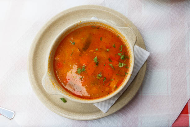 istock Fish soup on a table in restaurant. Top view 2161010223