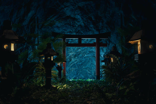 istock big torii gate surrounded by stone lantern and overgrown plants. 3D Rendering 2161014473