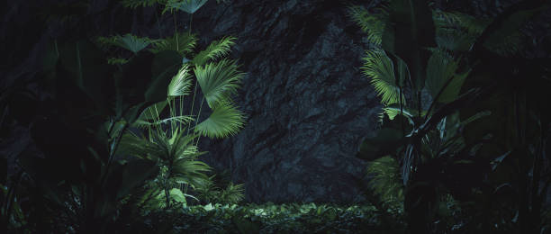 Panoramic view to tropical backdrop surrounded by jungle trees with light spot at rock wall. 3D Rendering