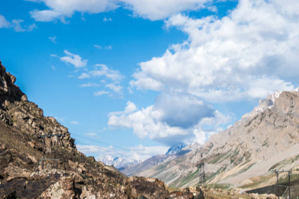 Travel forward concept background road on plains in Himalayas with mountains and dramatic clouds. Leh road, Ladakh Jammu and Kashmir India.