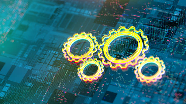 istock Creative idea, innovations,technology and development digital concept. Gear sign on black background 2161021428