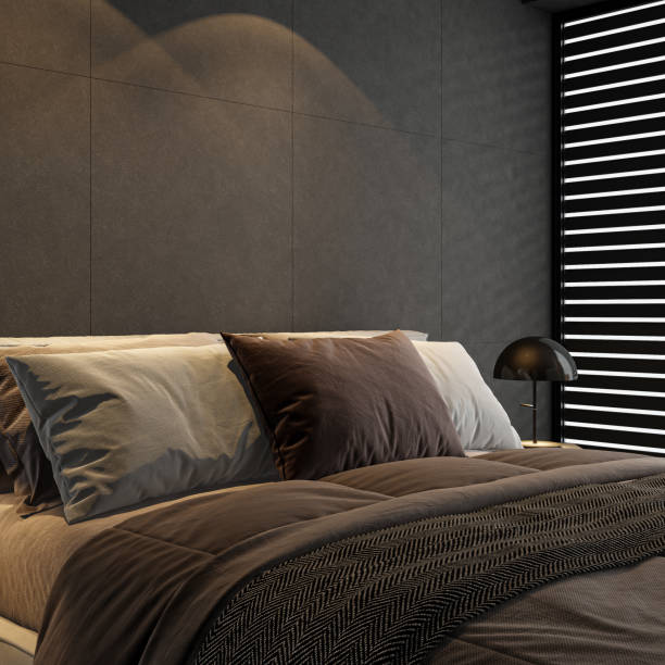 istock Black Luxury modern retro-style master bedroom with large stone tiles 2161026822