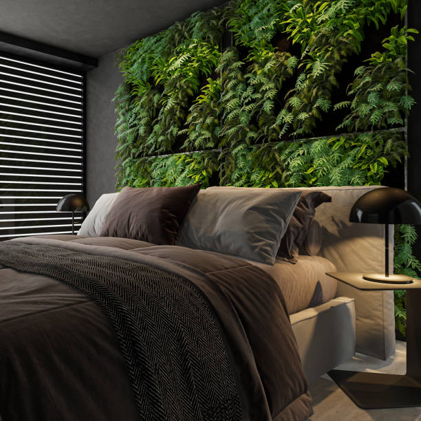 Modern retro-style bedroom with green vertical garden wall
