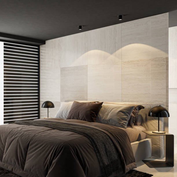 istock Black Luxury modern retro-style master bedroom with large stone tiles 2161026948