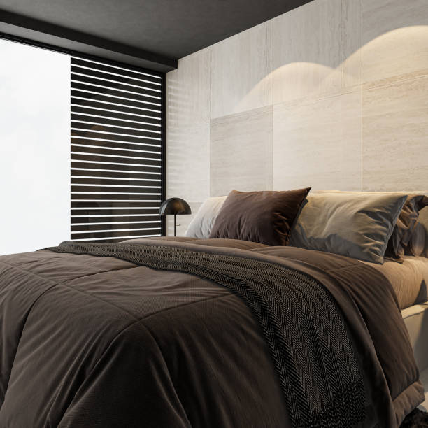 istock Black Luxury modern retro-style master bedroom with large stone tiles 2161026977
