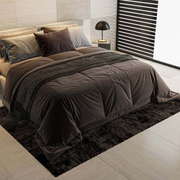 istock Black Luxury modern retro-style master bedroom with large stone tiles 2161026983