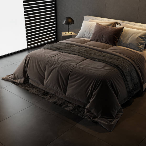 istock Black Luxury modern retro-style master bedroom with large stone tiles 2161026985