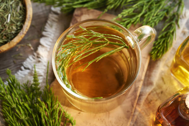 istock Horsetail tea in a glass cup 2161042701