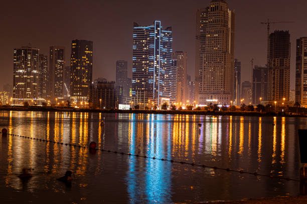 15.12.2024, Panoramic view on buildings and architecture by night, Dubai, United Arab Emirates