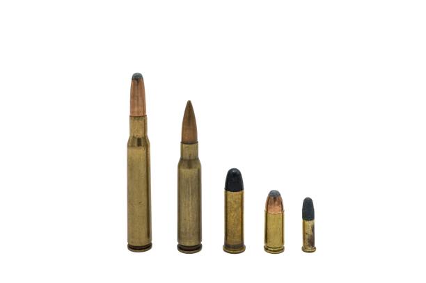 istock bullets of different sizes on a white background. Foot ammunition sorted by size. 2161058279